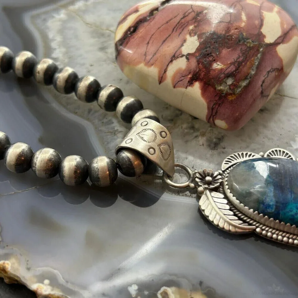 Sterling Southwestern Style Elongated Shattuckite Decorated Pendant For Women